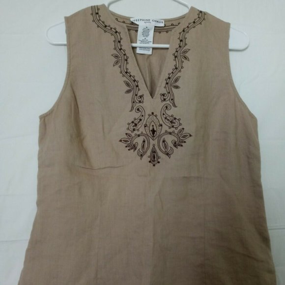 Josephine Chaus Women's Blouse Tan Linen Top Sleeveless Y-Neck Side Zip - Picture 1 of 6